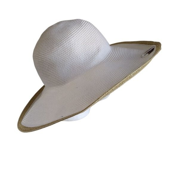 Packable Travel Floppy Straw Hat Wide Brim White with Tan Edge Vacation Cruise - Picture 1 of 11